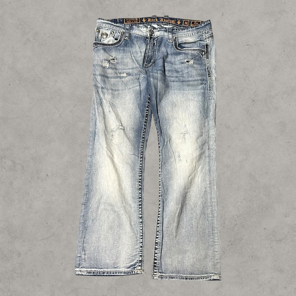Rock Revival Xan Relaxed Straight Jeans Men 38x32 Light Wash Distressed E8960EJR